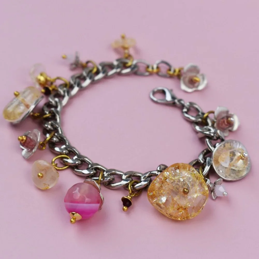Chunky colorful charm silver chain bracelet, pink gemstone bead dangle bracelet